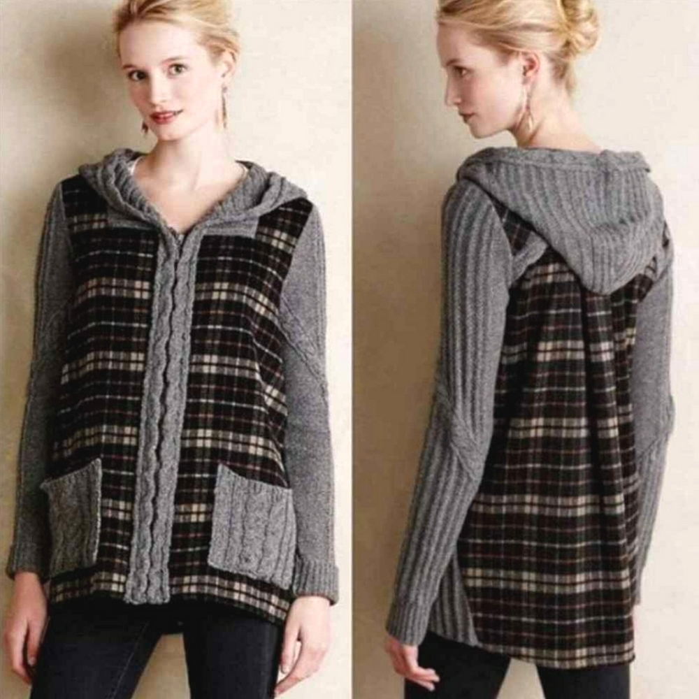 Anthropologie Moth Plaid Derry Cable Knit Hooded Sweater Jacket, Size Large